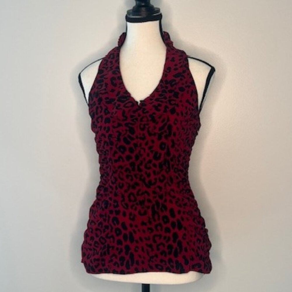 Express Women's Razor Back Halter Top Blouse, Deep Red & Black Leopard Print, XS